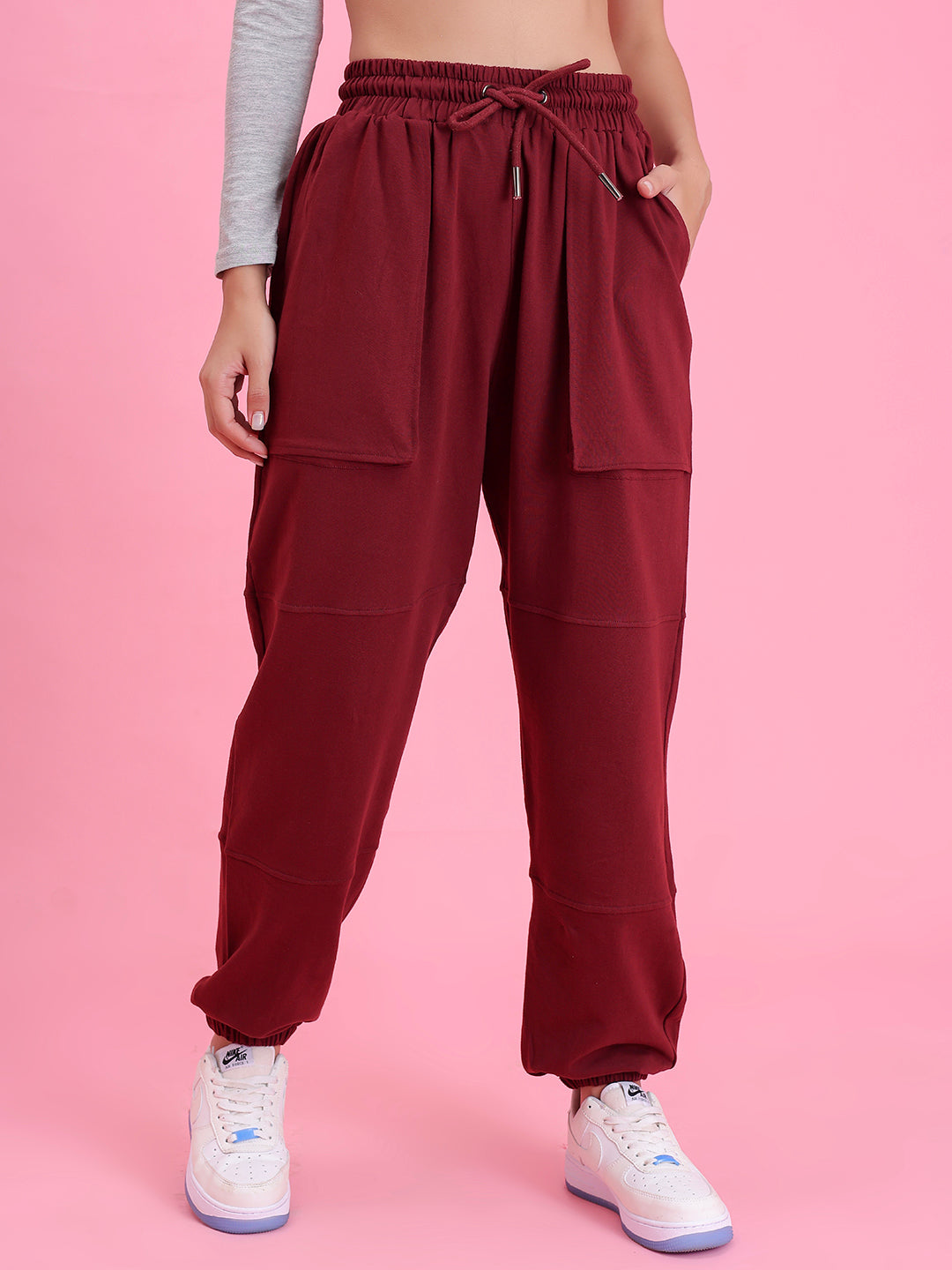 Front view of wine cotton knit joggers with tapered leg