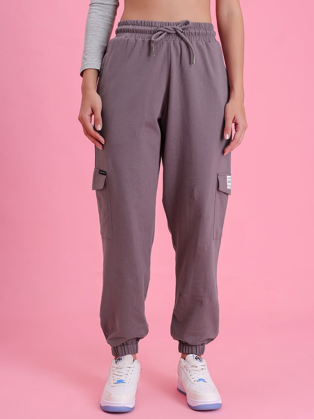 Front view of lavender cotton cargo pants with multi-pockets