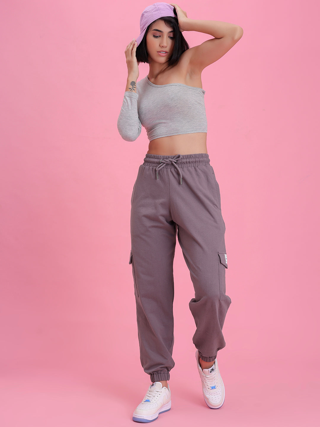 Close-up of elastic waistband on lavender cargo pants