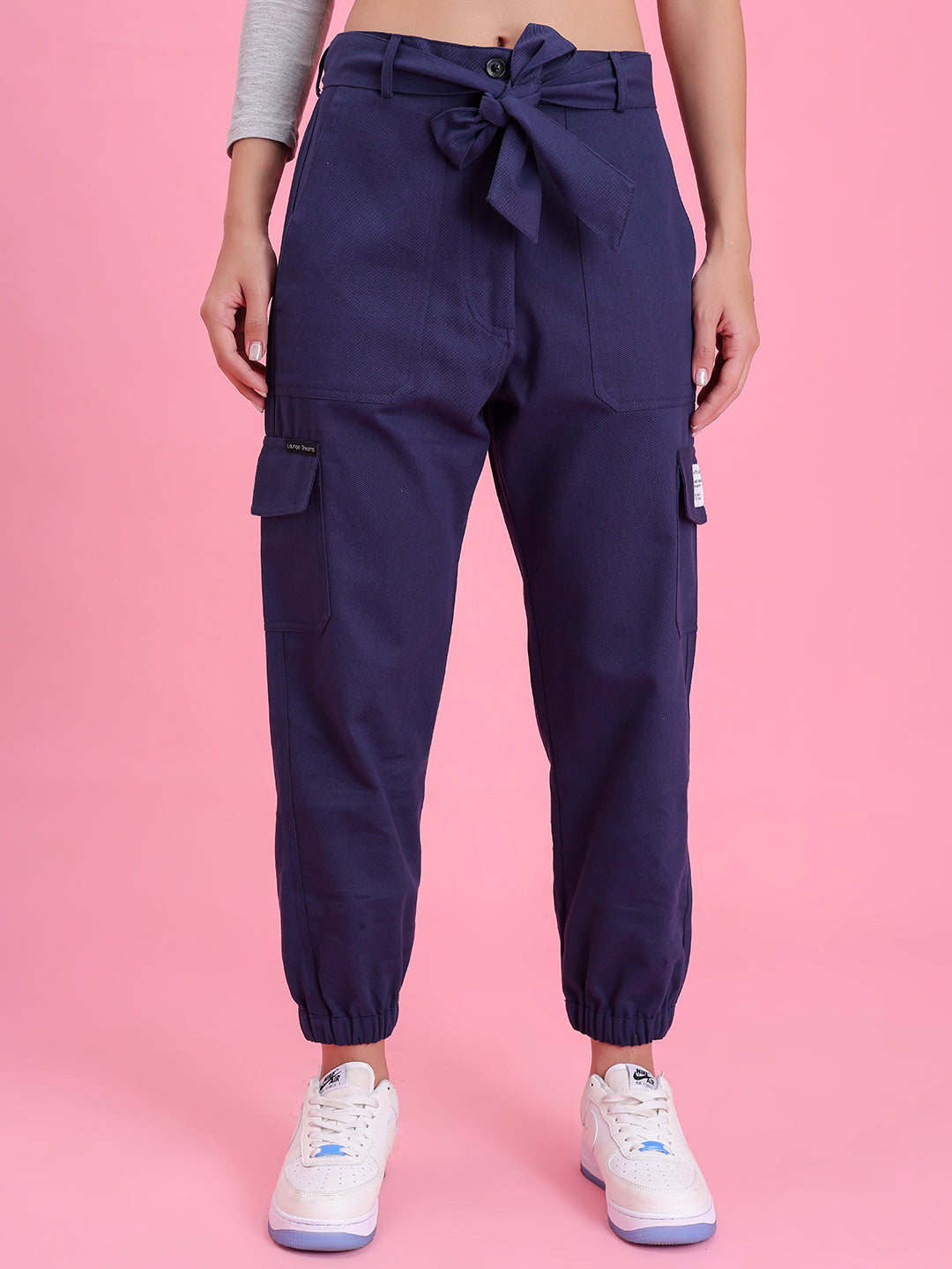 Front view of navy cotton cargo pants with multi-pockets