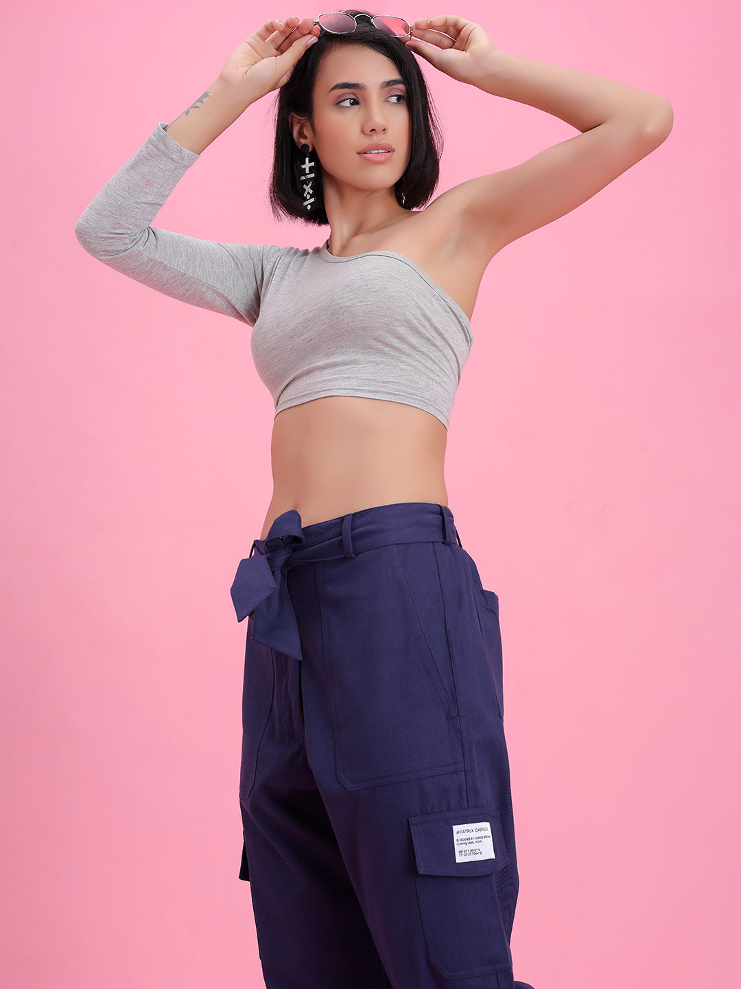 Back view of navy cotton cargo pants
