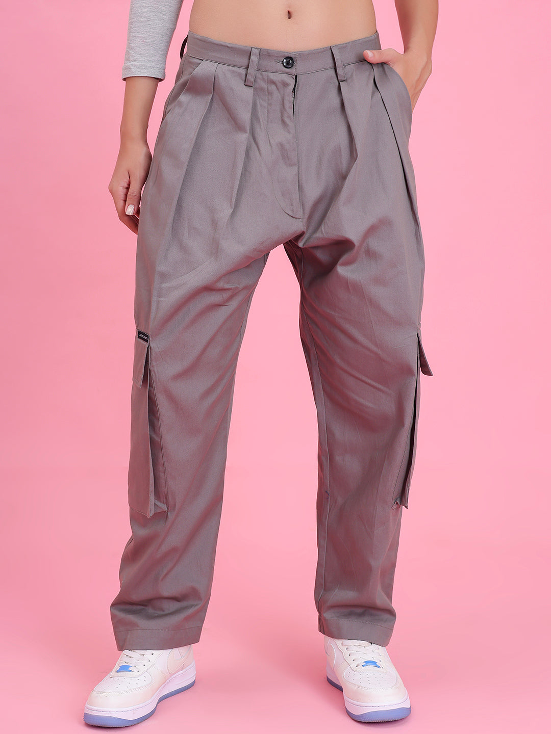 Front view of grey cotton cargo pants with multi-pockets