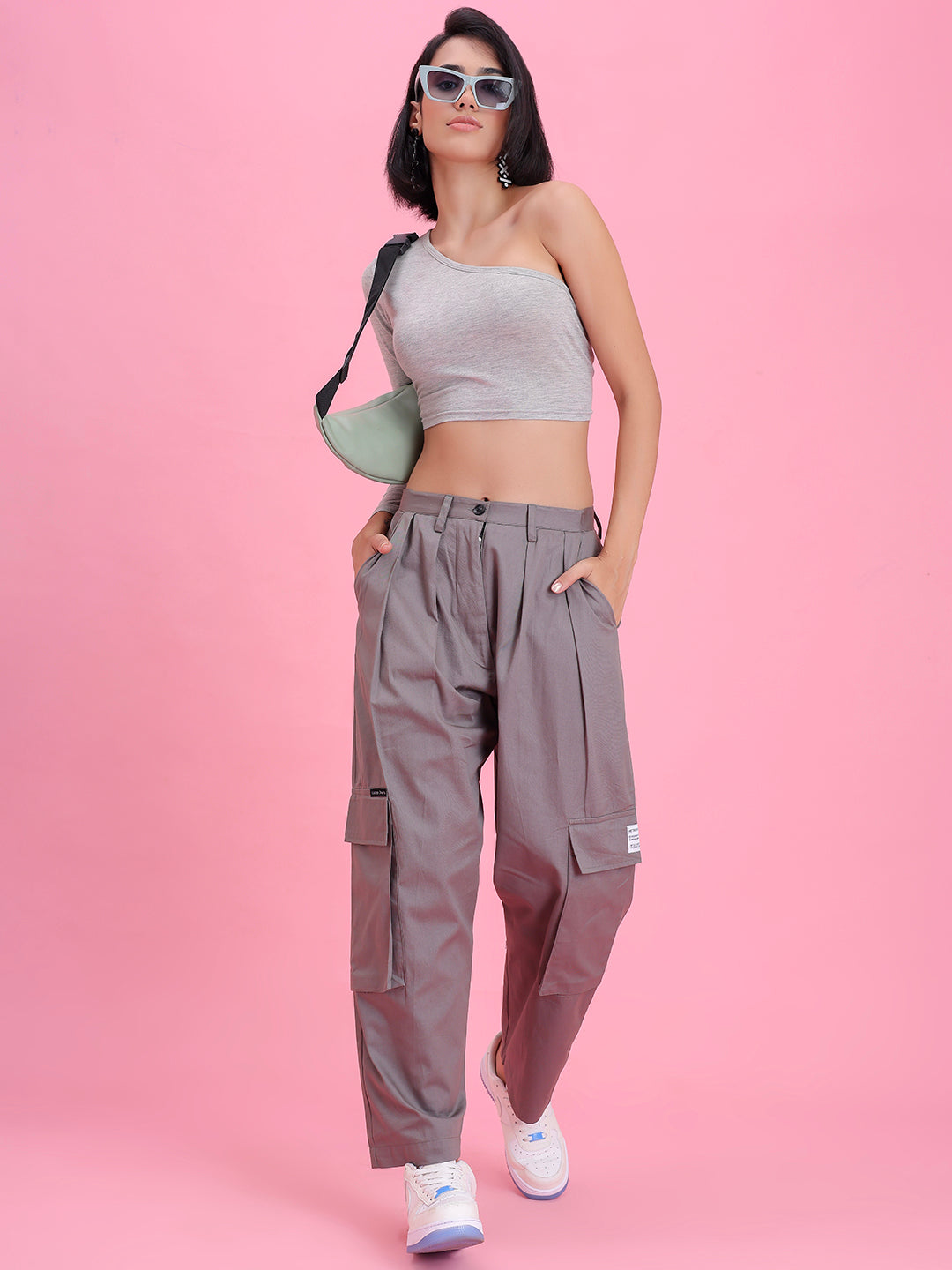 Back view of grey cotton cargo pants