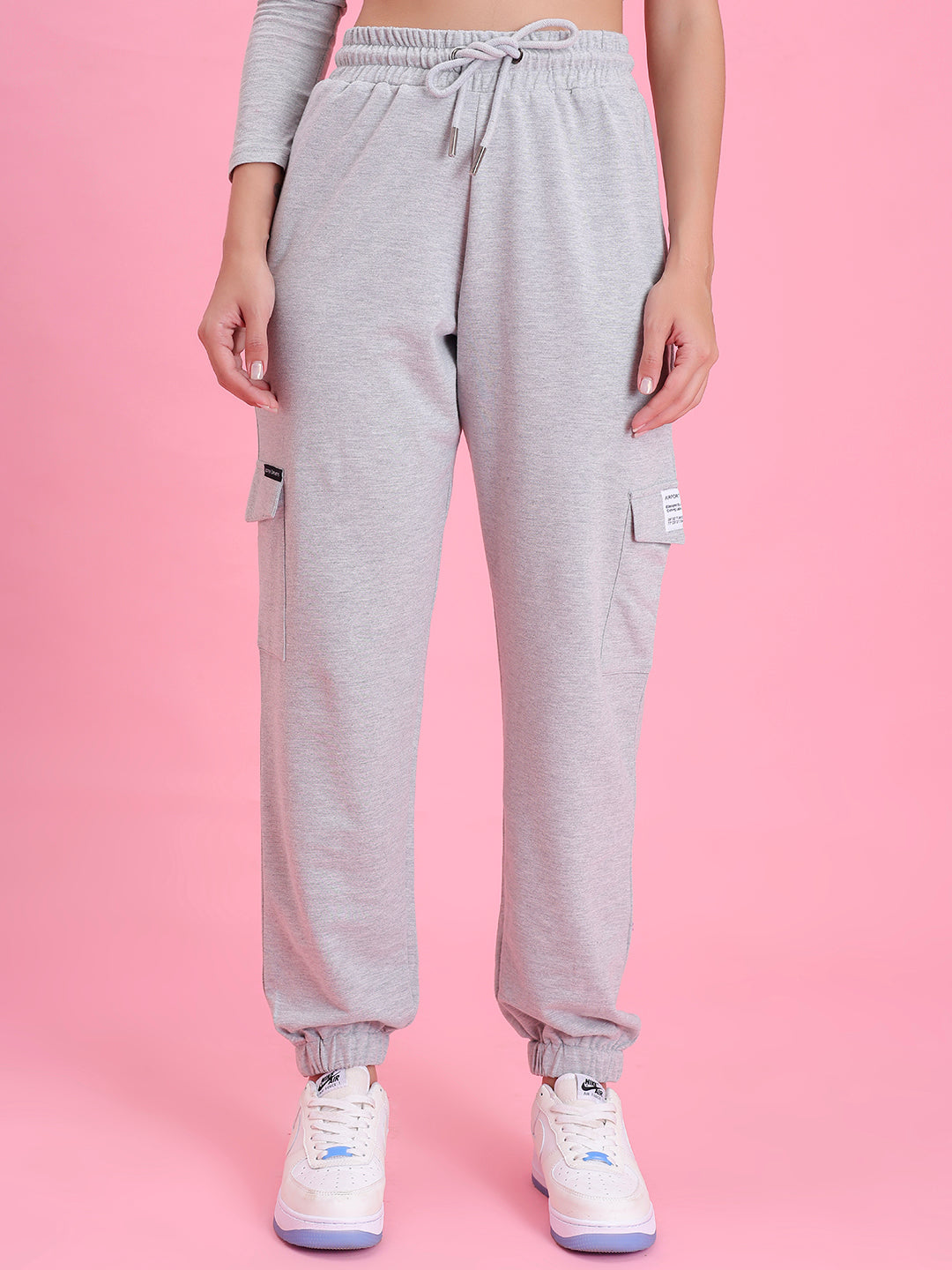 Front view of grey utility cotton cargo pants