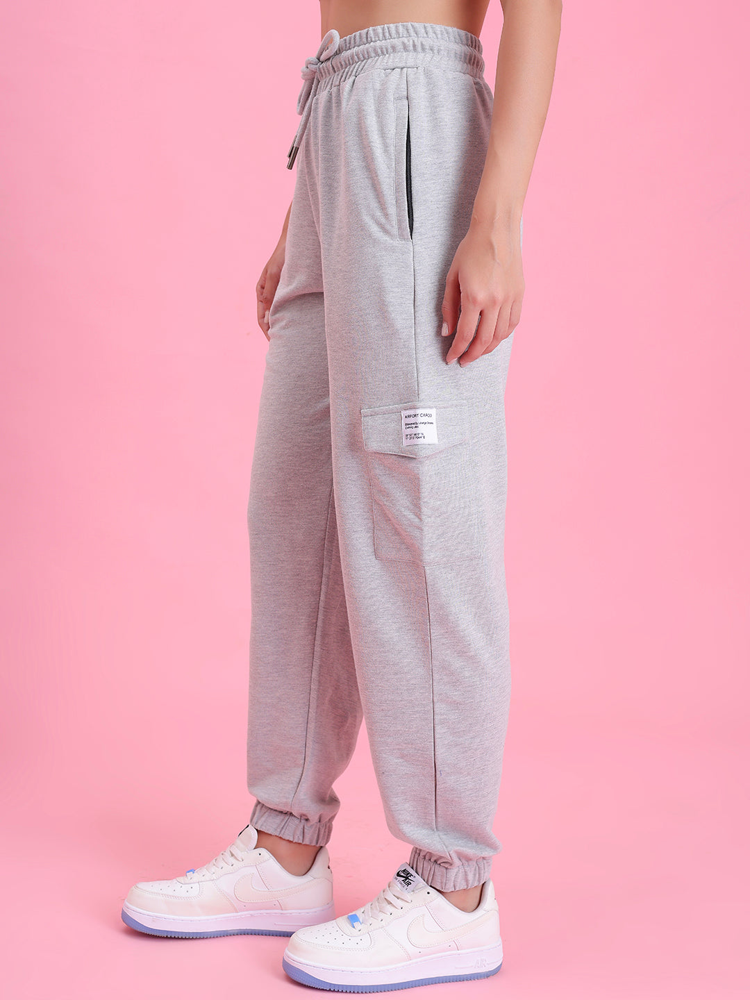 Back view of grey cotton cargo pants