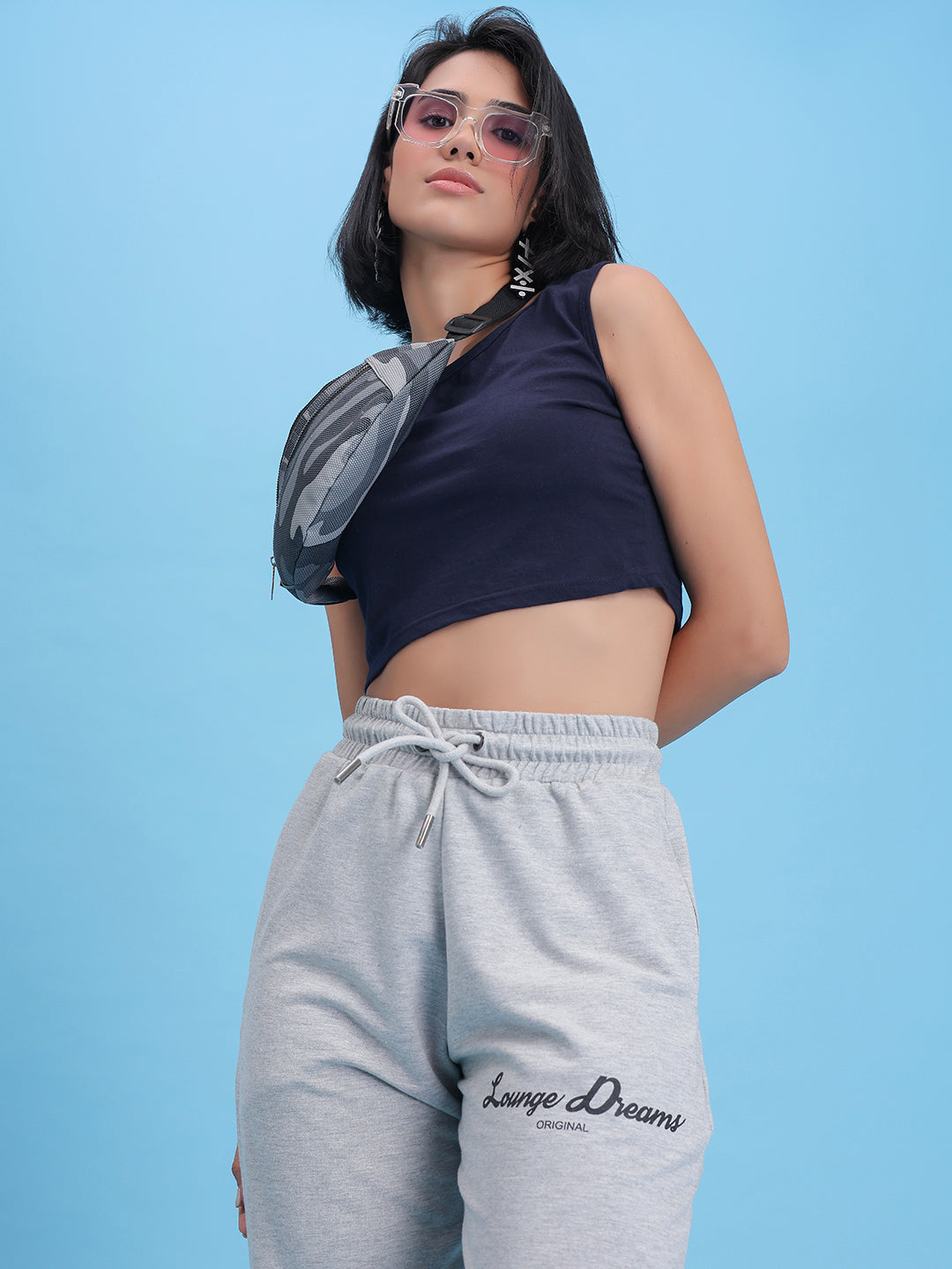 Back view of grey cotton knit joggers