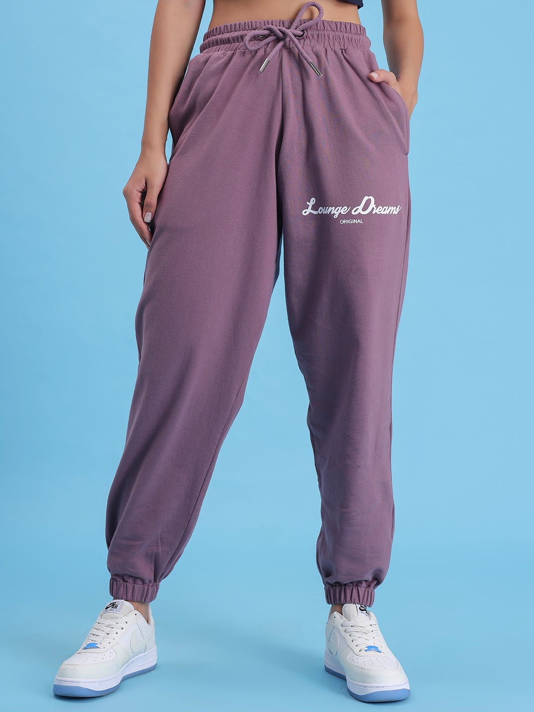 Front view of lavender cotton knit joggers with tapered leg