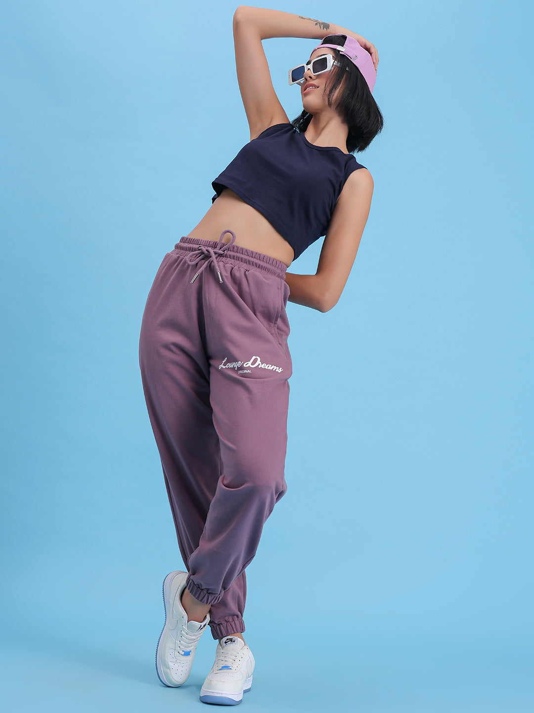 Side view of lavender cotton joggers showing pocket