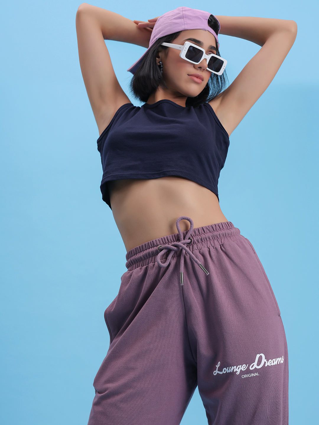 Back view of lavender cotton knit joggers