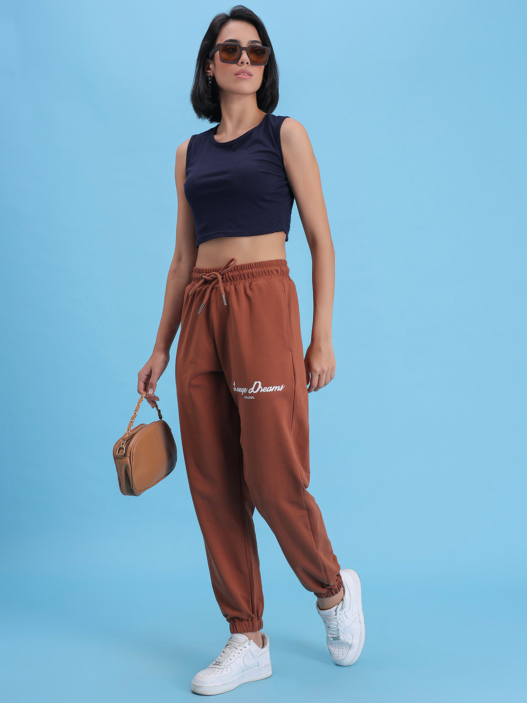 Back view of brown cotton knit joggers