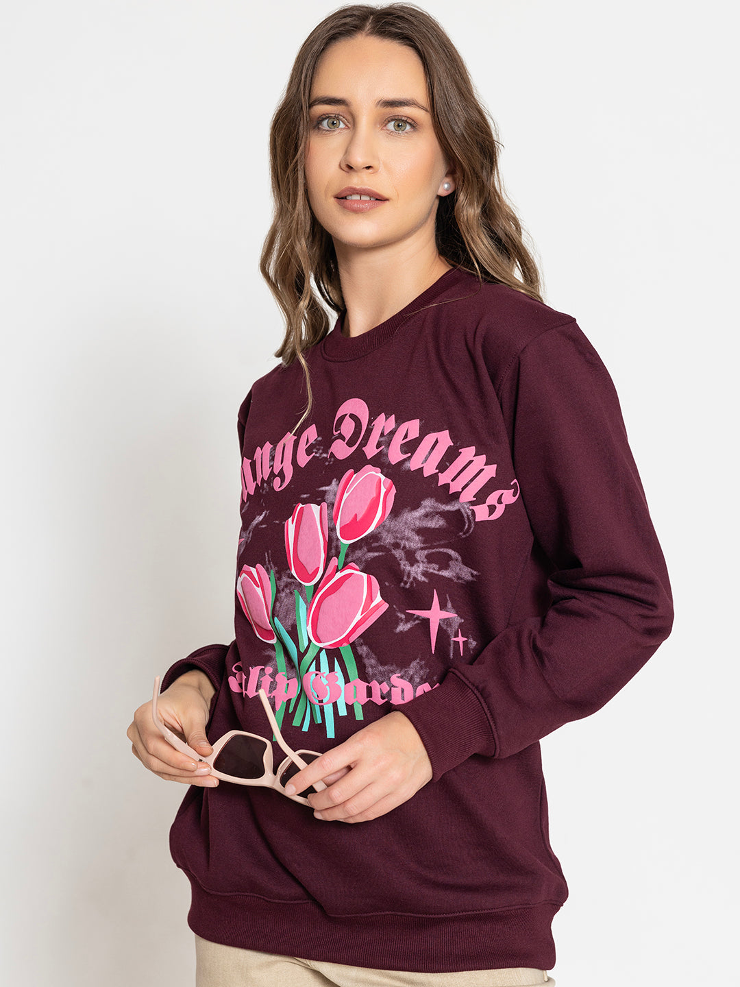 Back view of wine cotton fleece sweatshirt