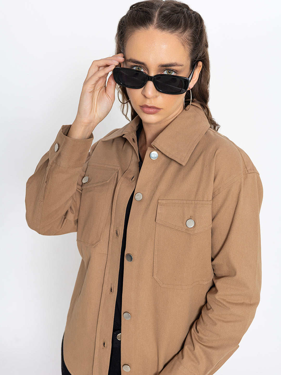 Back view of beige oversized shacket