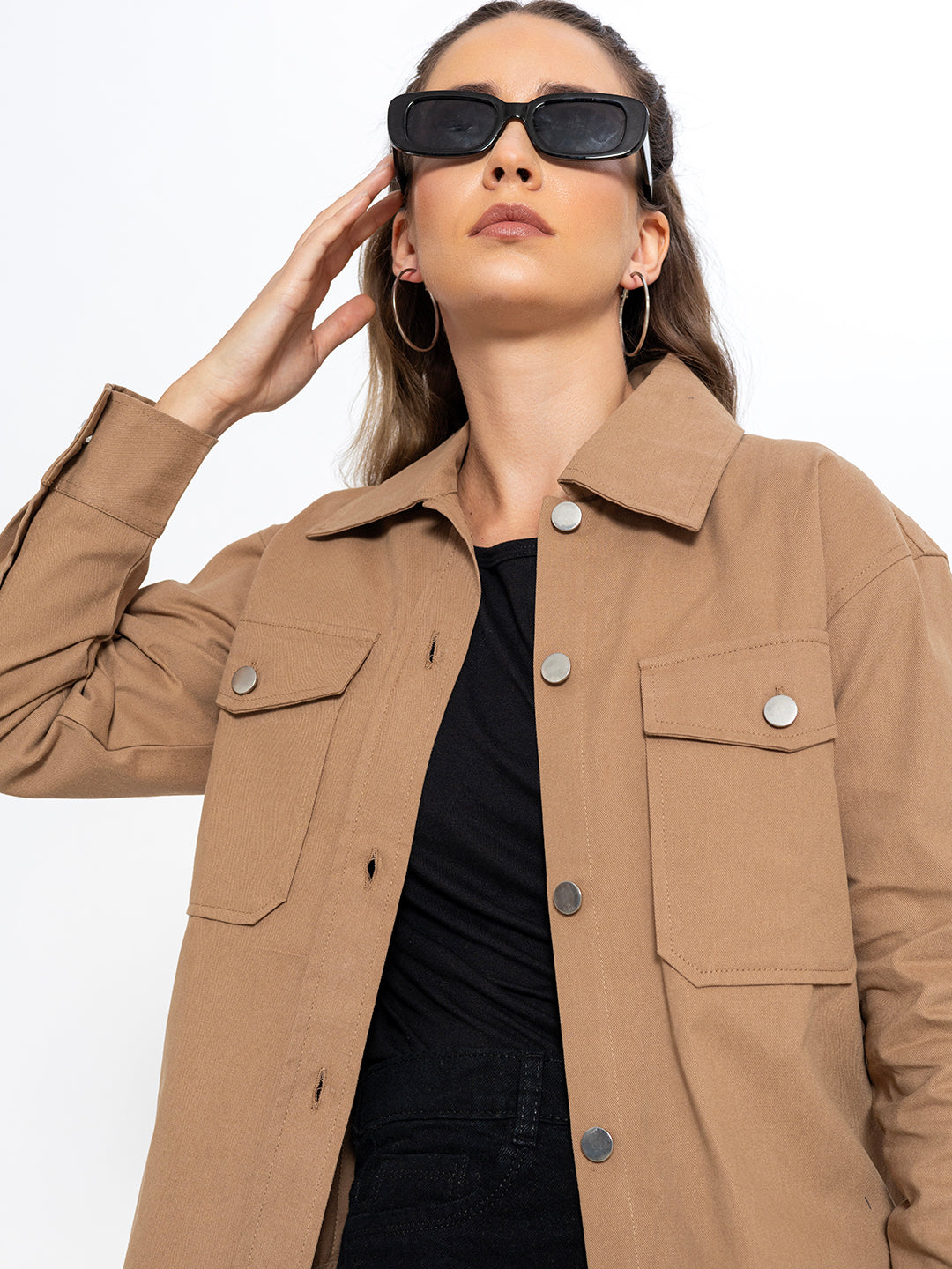 Front view of beige oversized cotton shacket for women