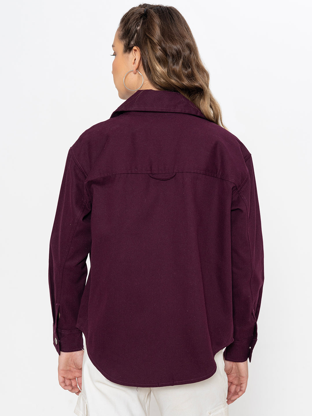 Wine cotton shacket worn open with relaxed styling