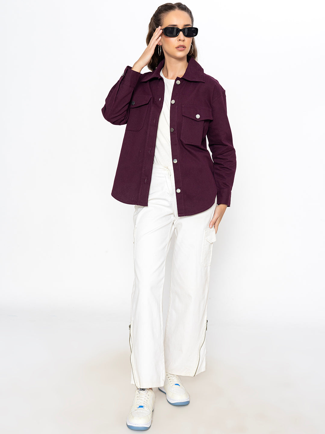 Detail of spread collar on wine cotton shacket