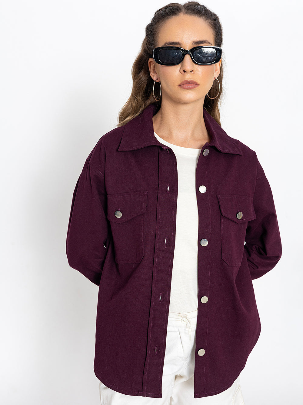 Side view of wine cotton shacket showing oversized fit