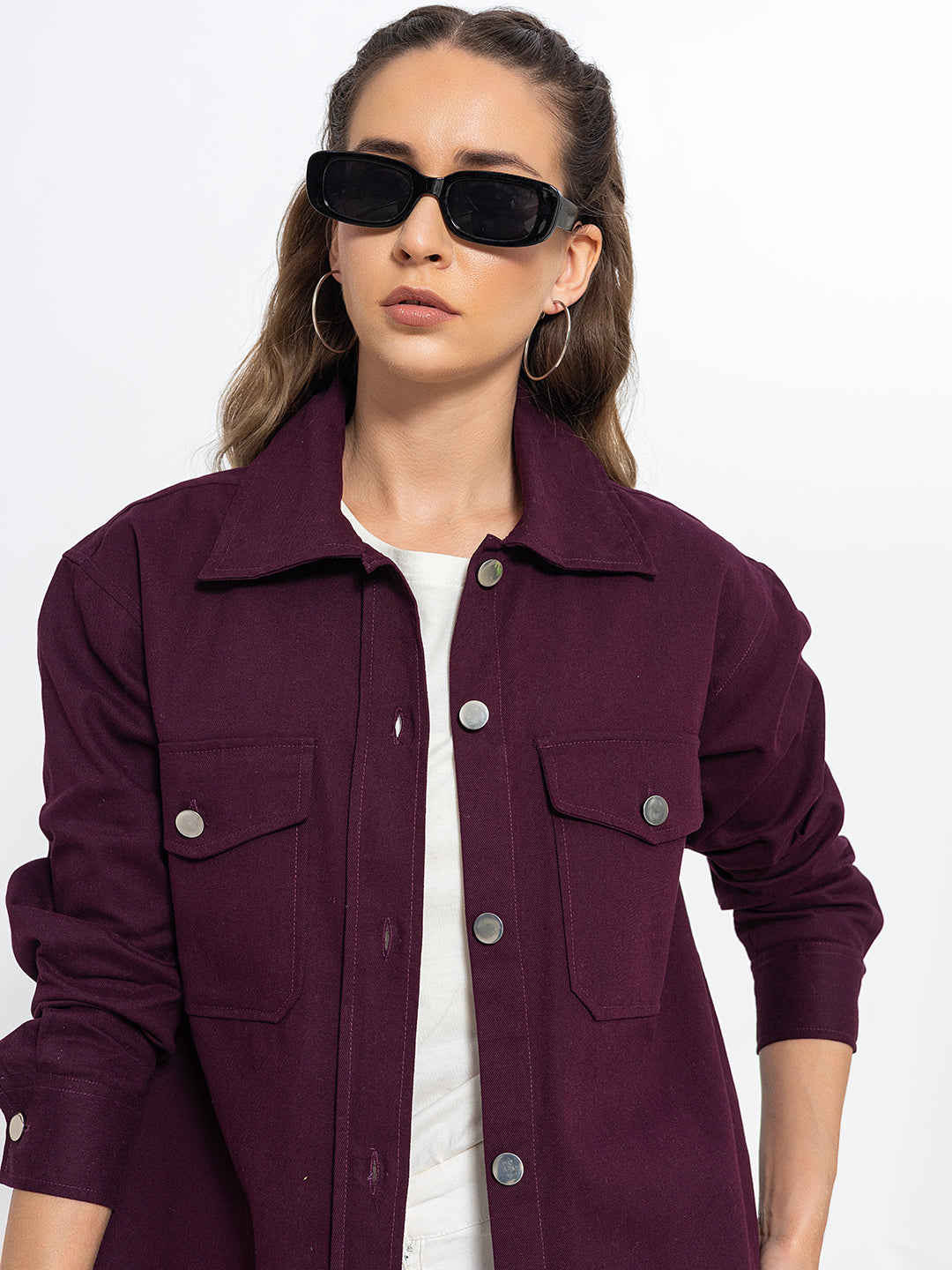 Front view of wine oversized cotton shacket for women