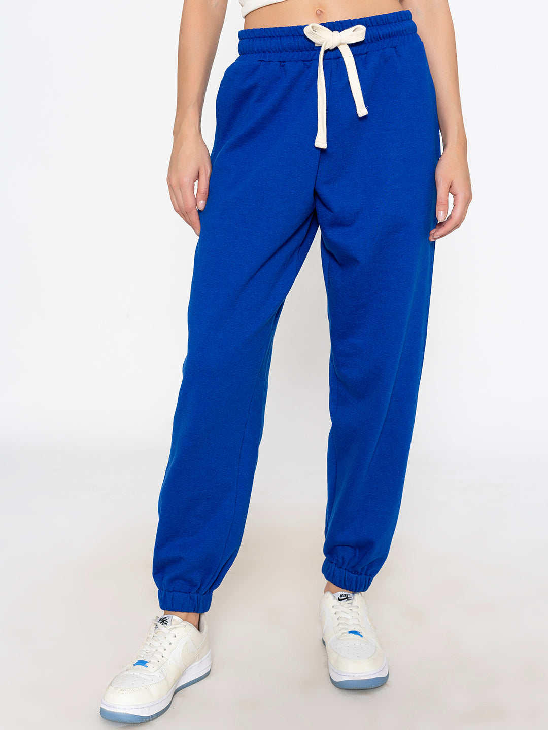 Front view of blue cotton blend joggers for women