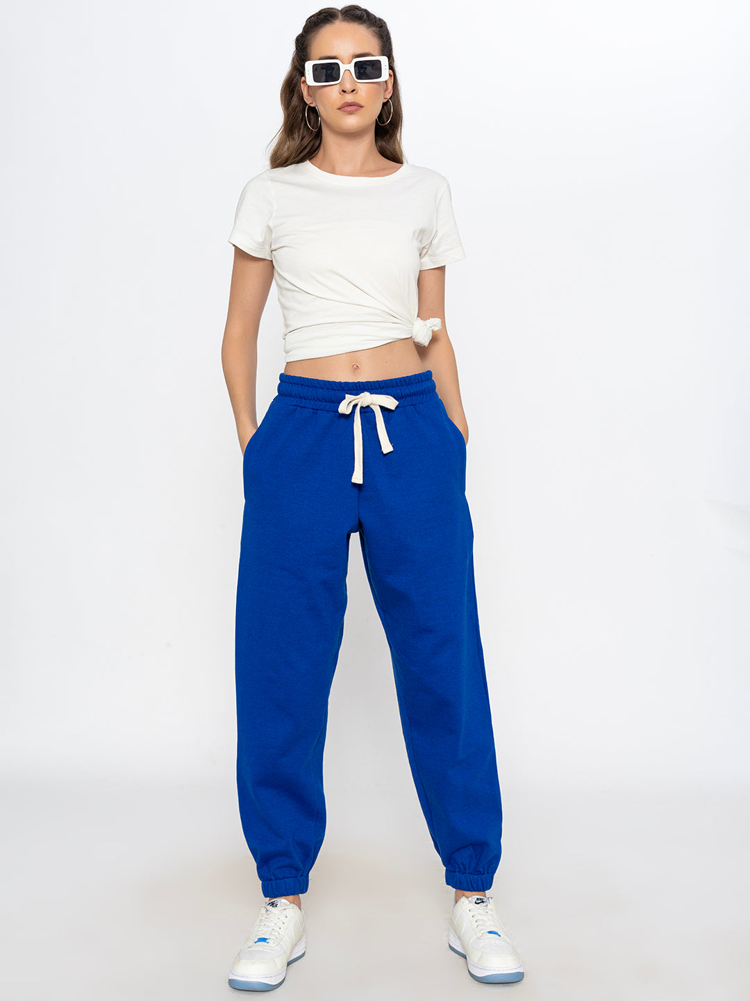 Back view of blue cotton blend joggers