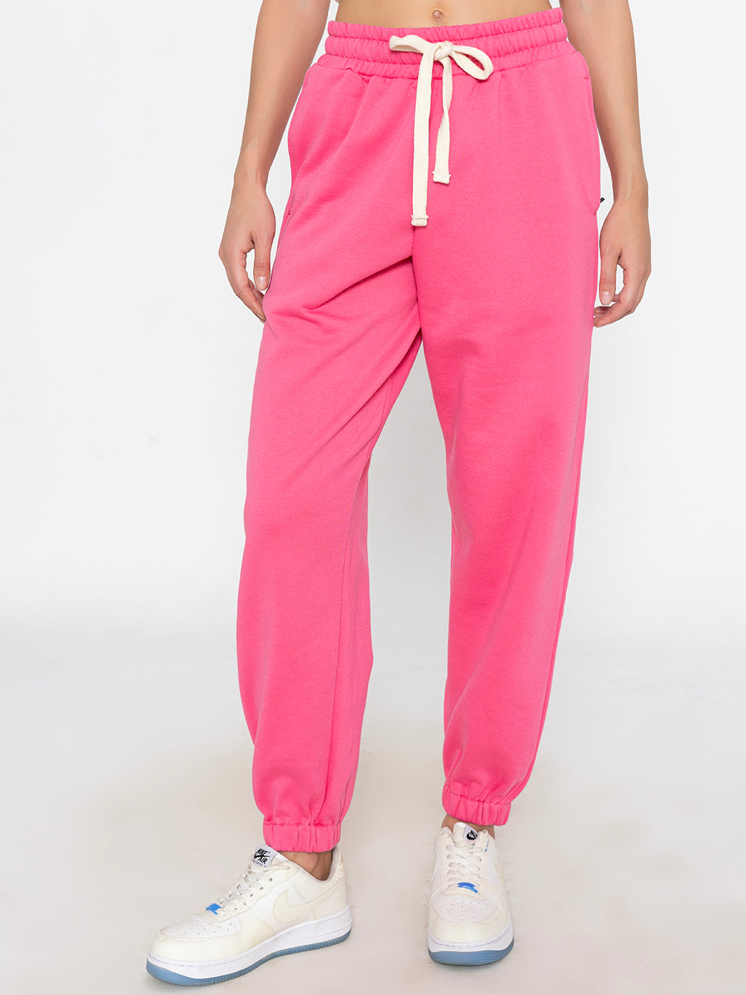 Front view of pink cotton blend joggers for women