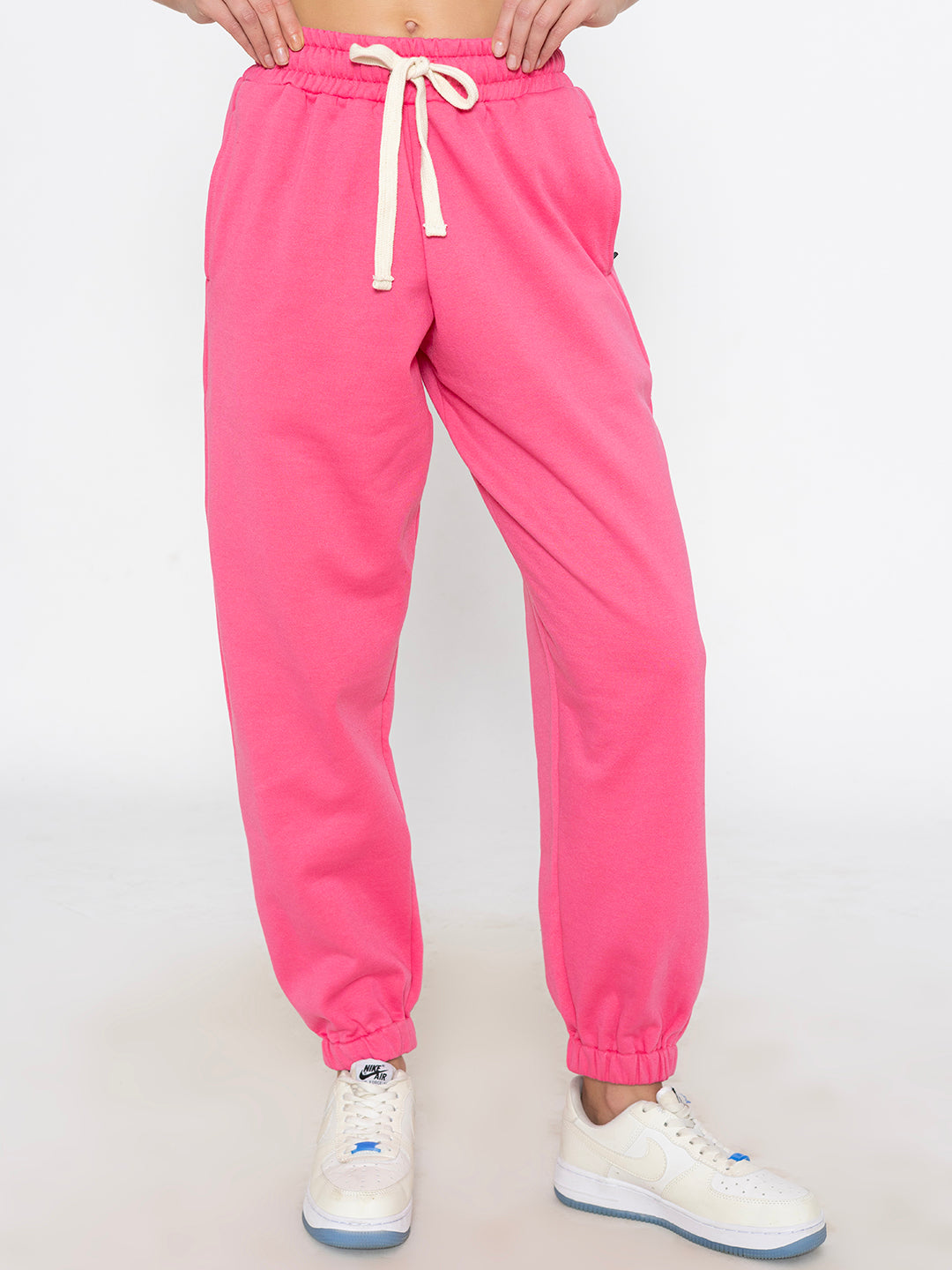 Back view of pink cotton blend joggers