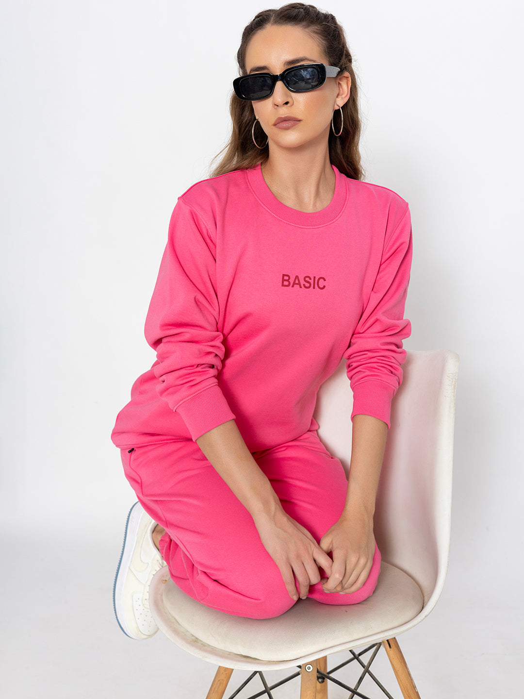 Pink cotton-blend sweatshirt jogger set - full look