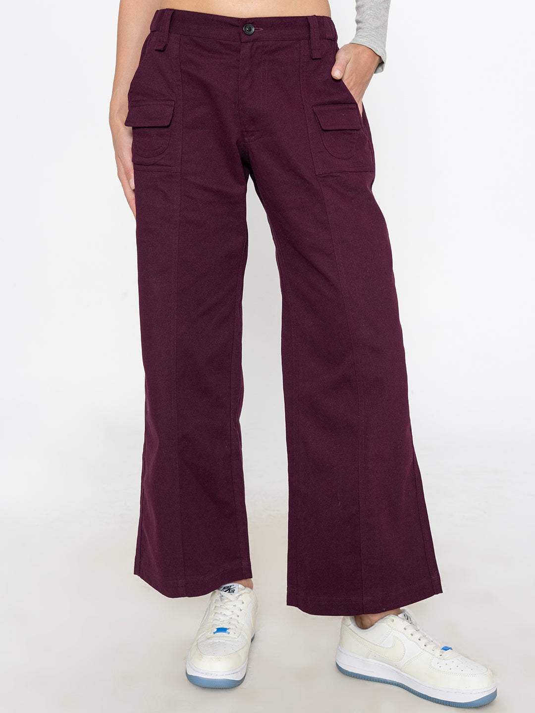 Front view of wine cotton baggy trousers for women