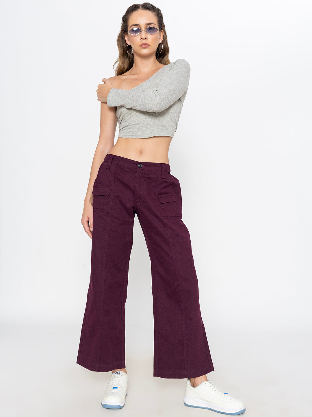 Back view of wine cotton trousers with relaxed fit