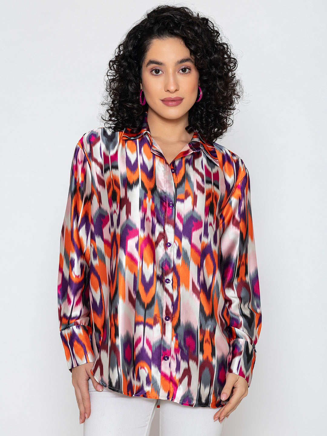 Curved hemline detail on multicolor Atik printed satin shirt