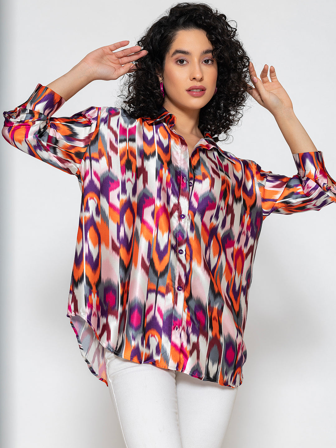 Front view of multicolor Atik print satin shirt for women with relaxed fit