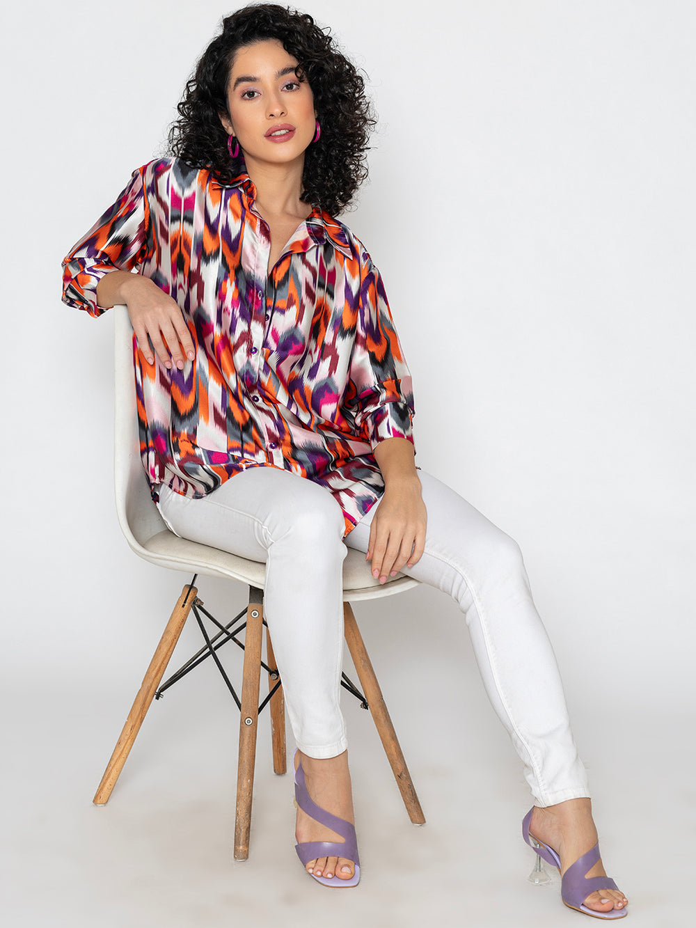 Side view of multicolor printed satin shirt