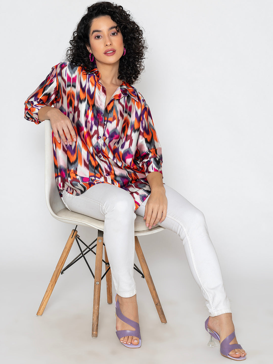 Side view of multicolor printed satin shirt