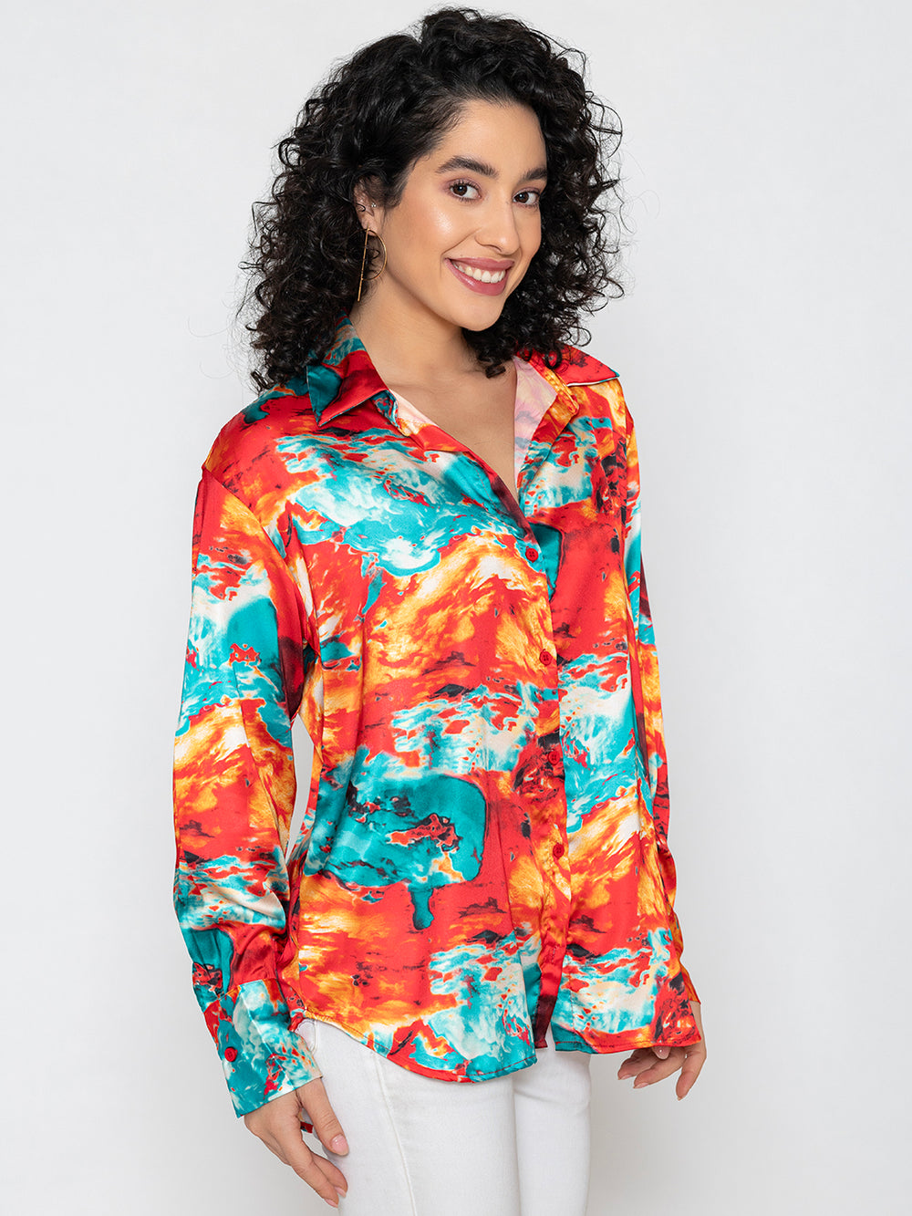 Side view of red printed satin shirt