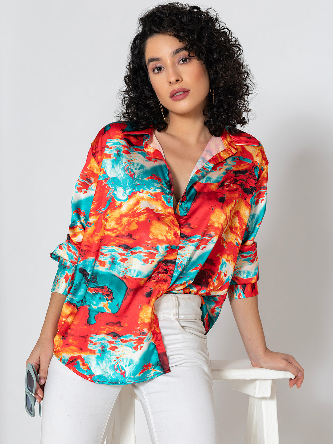 Front view of red floral print satin shirt for women with relaxed fit