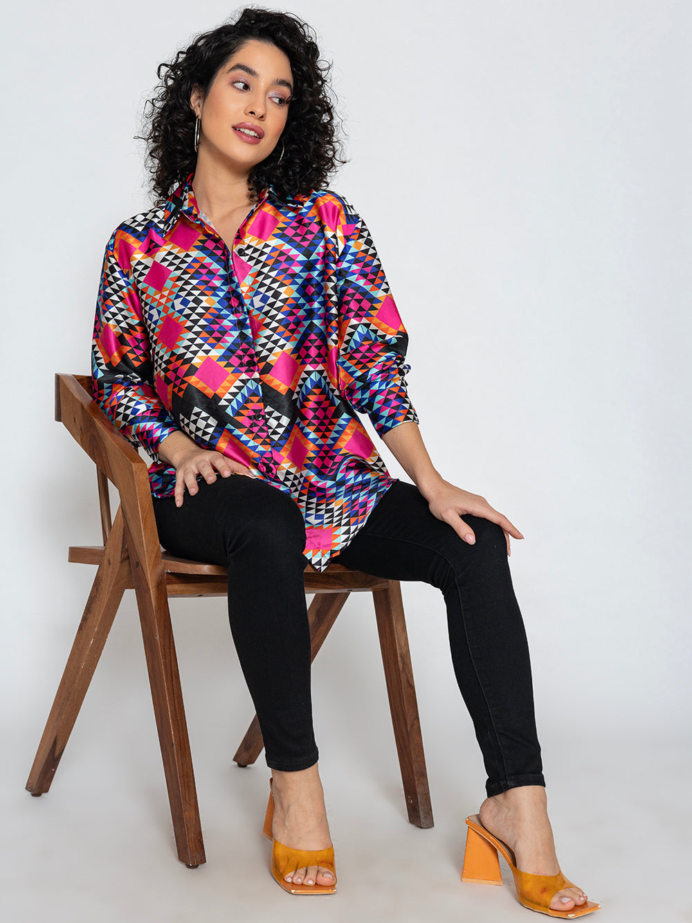 Side view of multicolor printed satin shirt