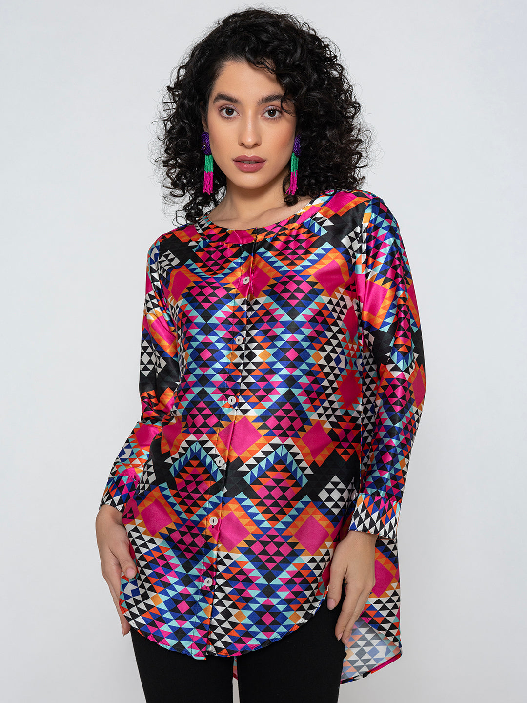 Front view of multicolor floral satin kurta shirt for women