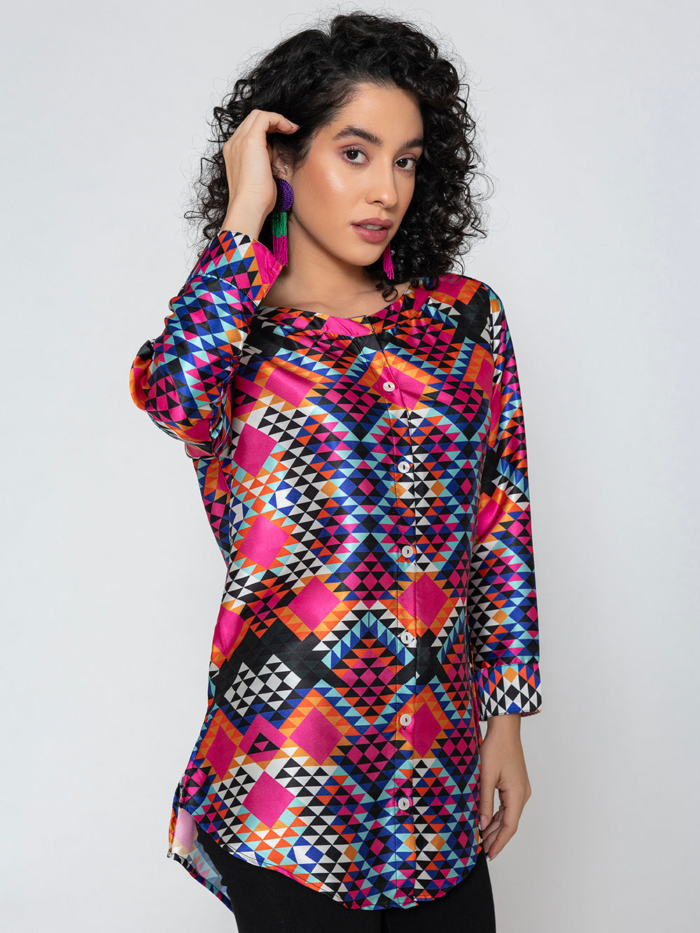 Side view of multicolor printed satin kurta shirt