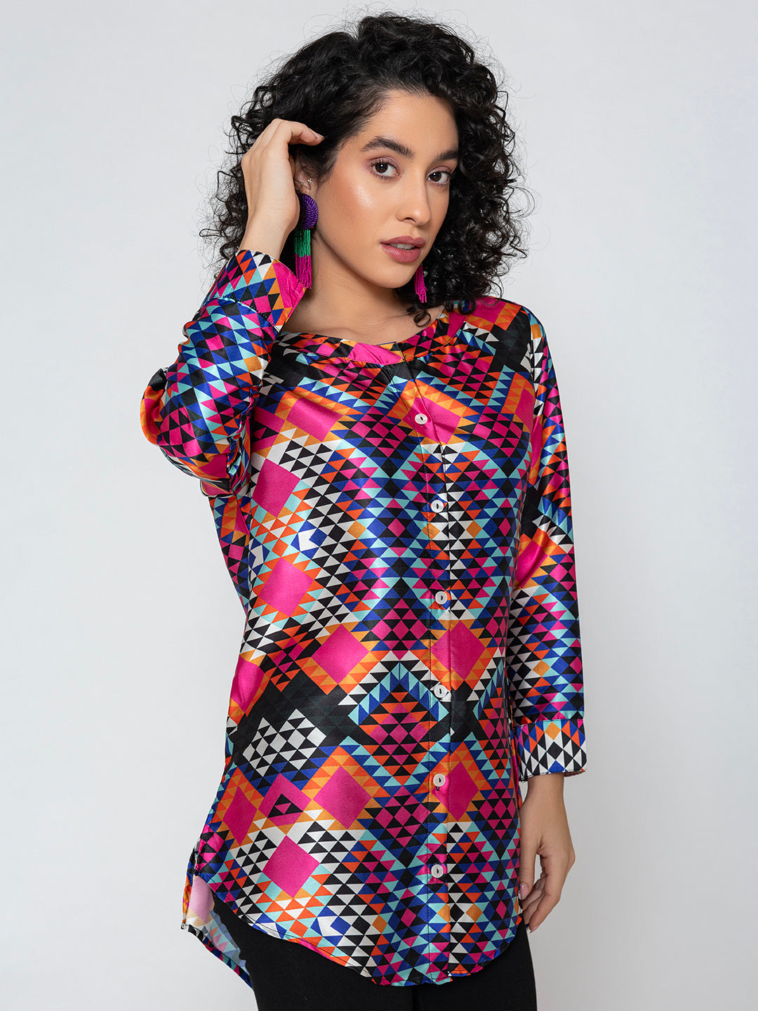 Side view of multicolor printed satin kurta shirt