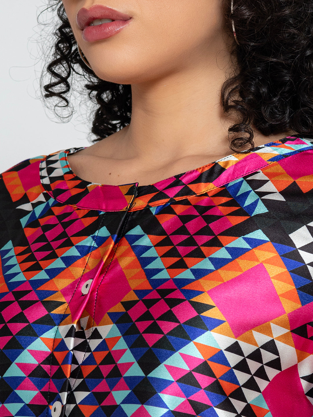 Back view of multicolor floral satin kurta shirt