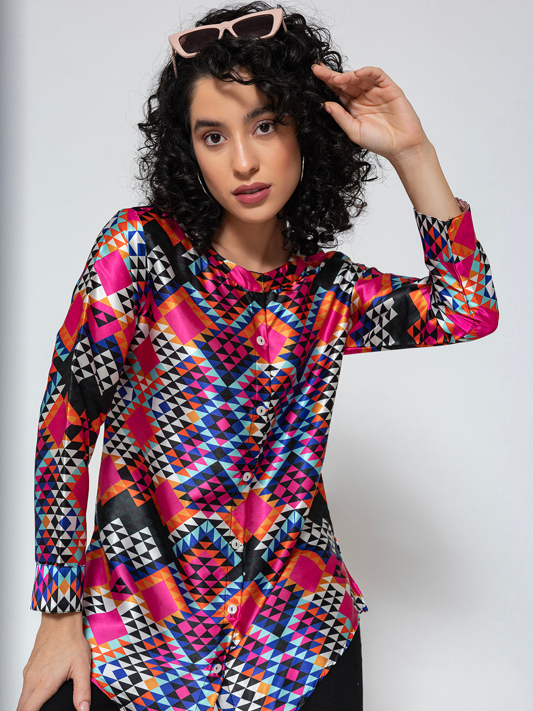 Lifestyle shot of multicolor satin kurta with palazzos