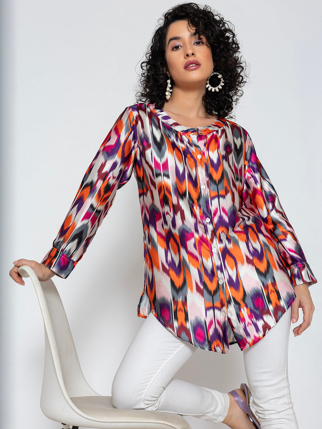 Front view of multicolor Atik print satin kurta shirt for women