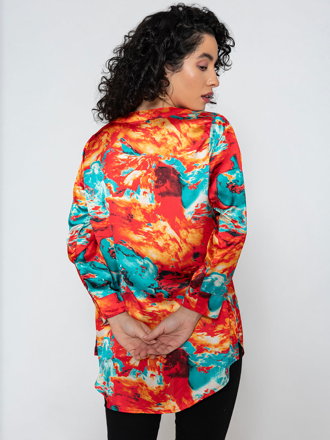Lifestyle shot of red floral satin kurta shirt with palazzos