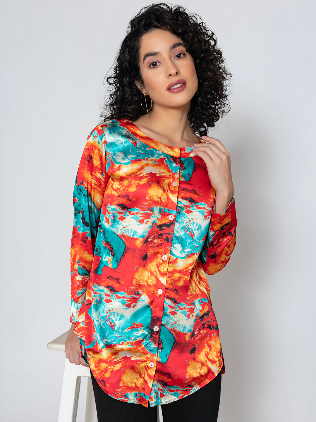 Front view of red floral print satin kurta shirt for women with relaxed fit