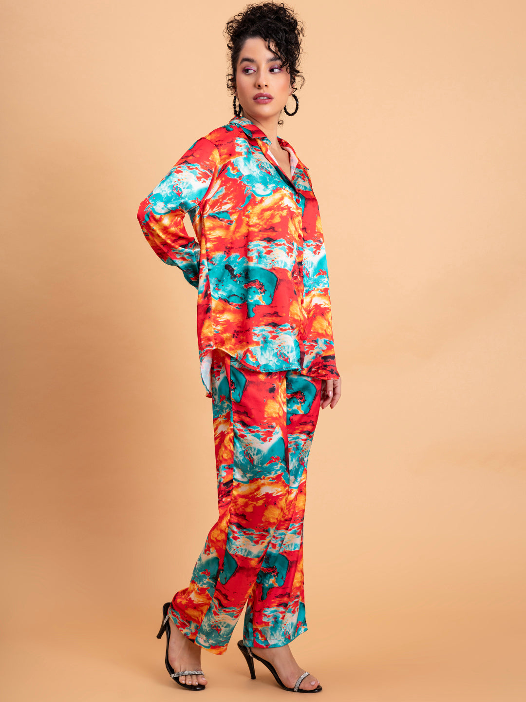 Top portion detail of red floral satin co-ord