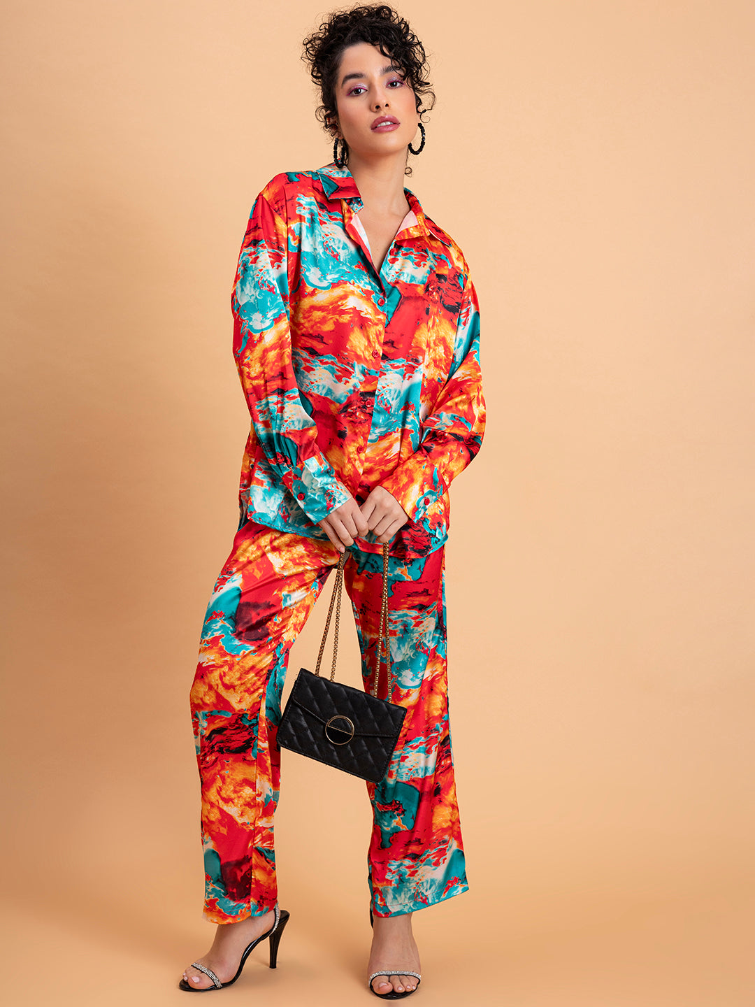 Full outfit view of red floral satin co-ord set