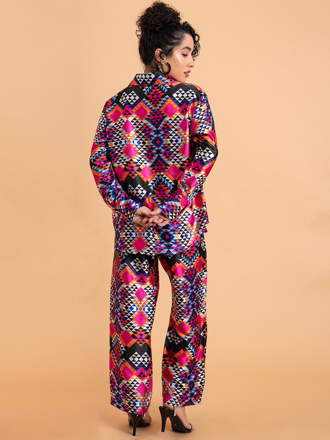 Trouser detail of multicolor floral satin co-ord set