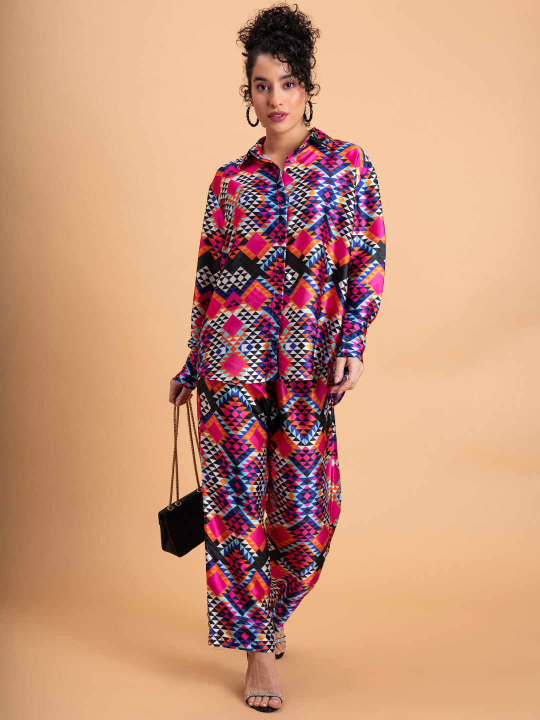 Close-up of floral print on multicolor satin co-ord fabric
