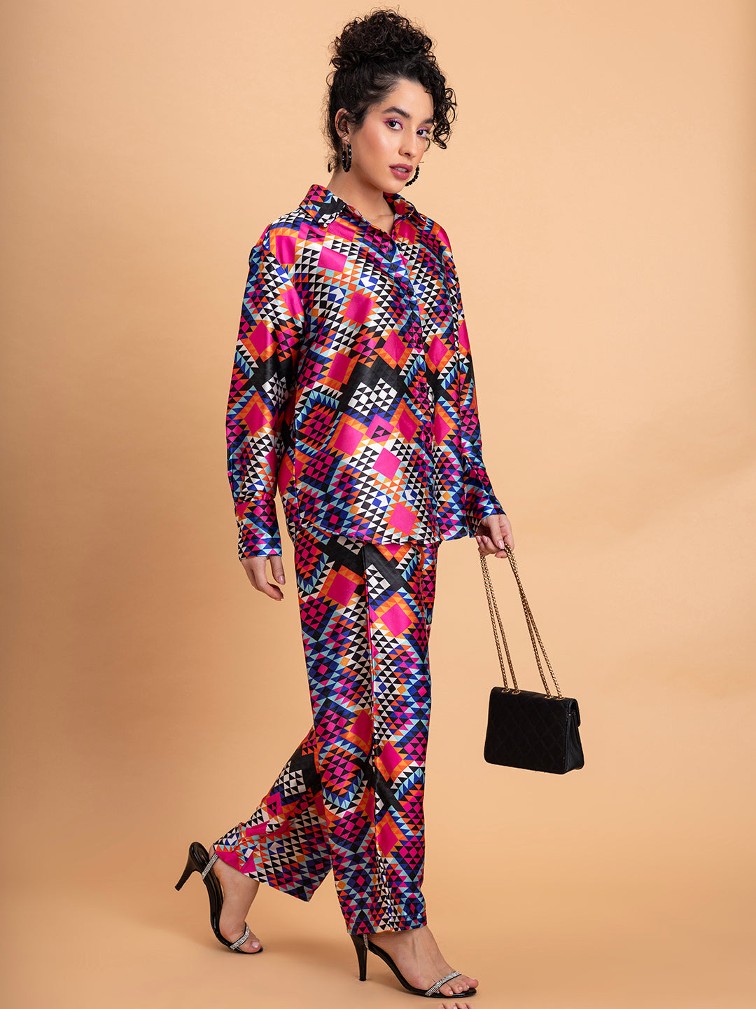 Full outfit view of multicolor floral satin co-ord set
