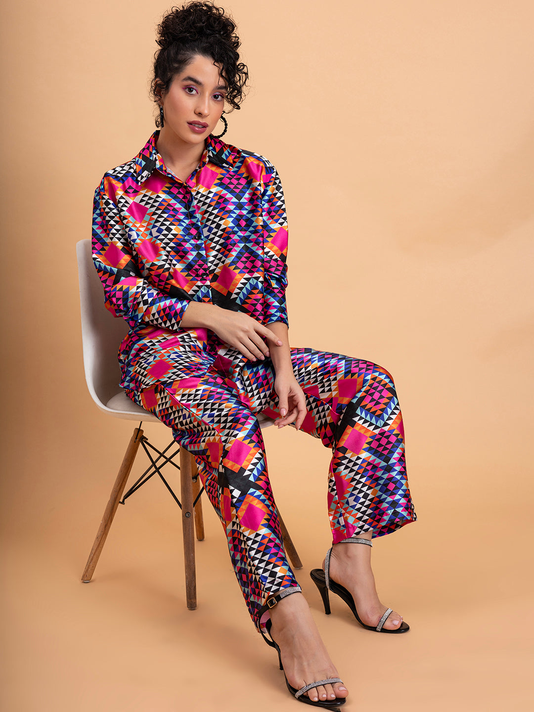 Side view of multicolor floral printed satin co-ord set