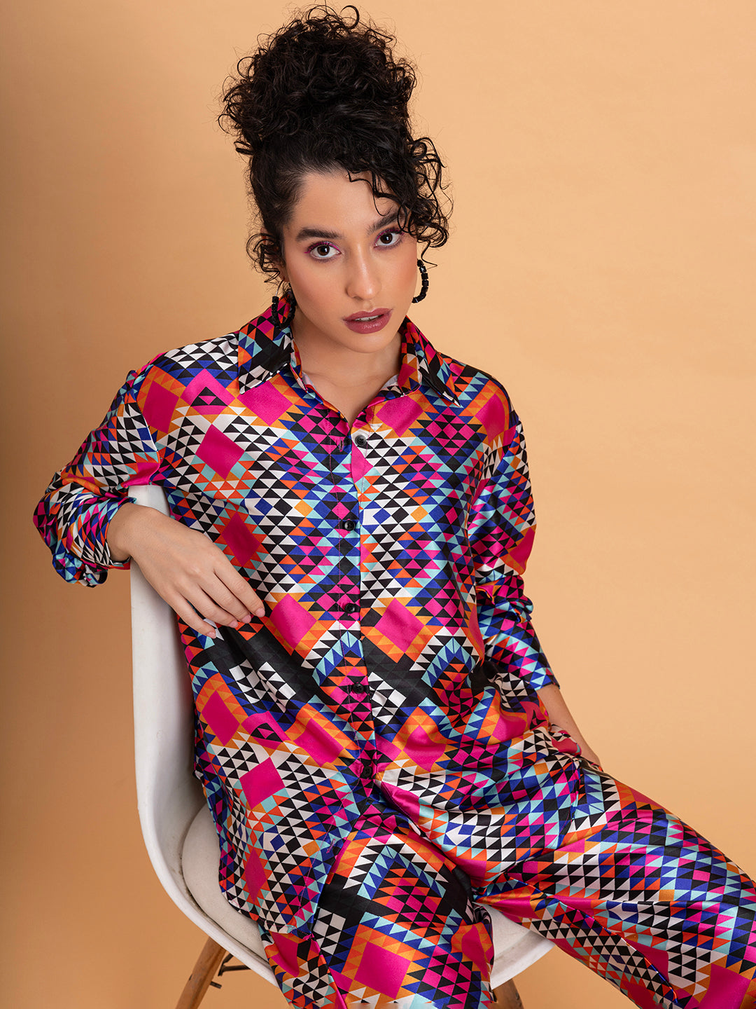 Side angle of multicolor floral printed satin women's co-ord